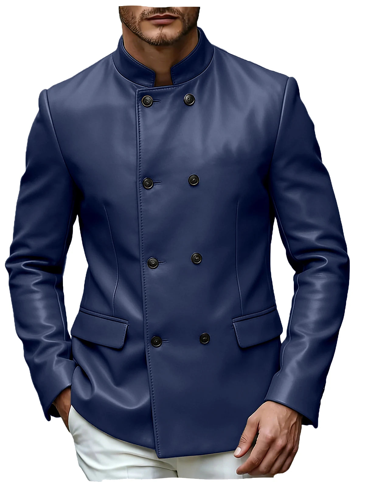 Men's Blazer Stand Collar Faux Leather Jacket High Quality Double Breasted Slim Fit Casual Coat For Business Office Outerwear