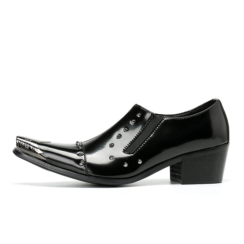 Black Patent Leather Business Dress High Heels Men's Shoes Anti Foot Odor Pointed Iron Toe Fashion Party Wedding Shoes