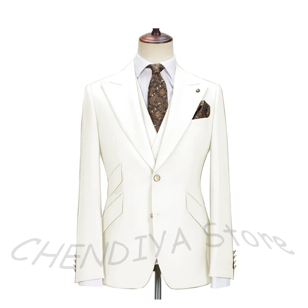 Solid Color Men's Suits 3 Piece (Blazer+Pants+Vest) Fashion Peak Lapel Single Breasted Prom Male  Business Casual Clothing