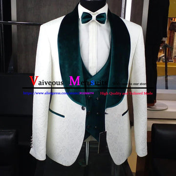 Trail hecho de marfil jacquard traje de hombres de terciopelo verde novio para el novio de terciopelo 3 piezas trajes de boda delgados para hombres vestuario mariage homme