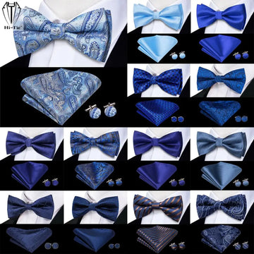 Hi-Tie Navy Royal Sky Blue Silk Mens TAC TACH HankerChef Cufflinks Set di bowtie con nodo a farfalla pre-legato per affari di matrimoni maschili