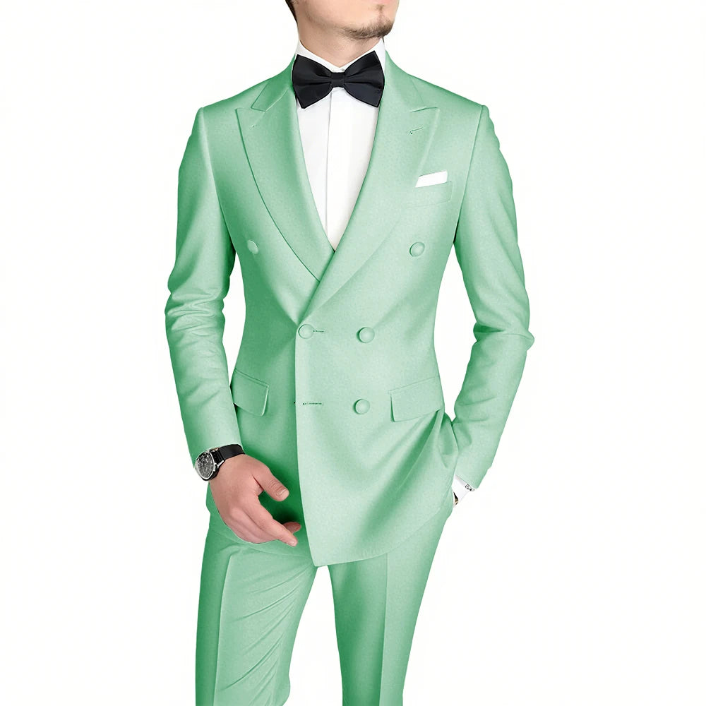 Classic Black Men's Suit Fashion Peak Lapel Double Breasted Outfits Wedding Groom Prom Business Formal Suit (Jacket+Pants)