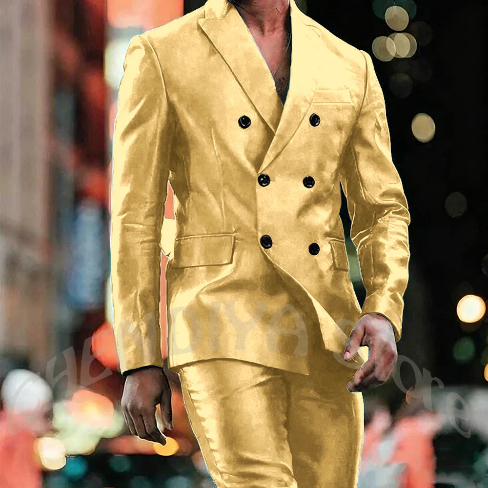 Elegant Satin Men Suit 2 Pieces Peaked Lapel Handsome Tailor-Made Custom Man Fashion Clothes Set Smart Casual Jacket Pants