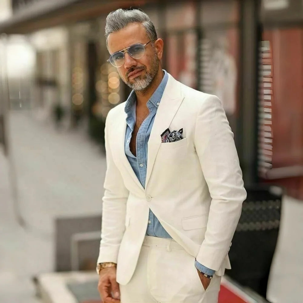 White Linen Prom Men Suits 2 Pieces Summer Suits for Men Slim Fit Groom Wedding Tuxedo Blazer Trousers Set mens suits suit men
