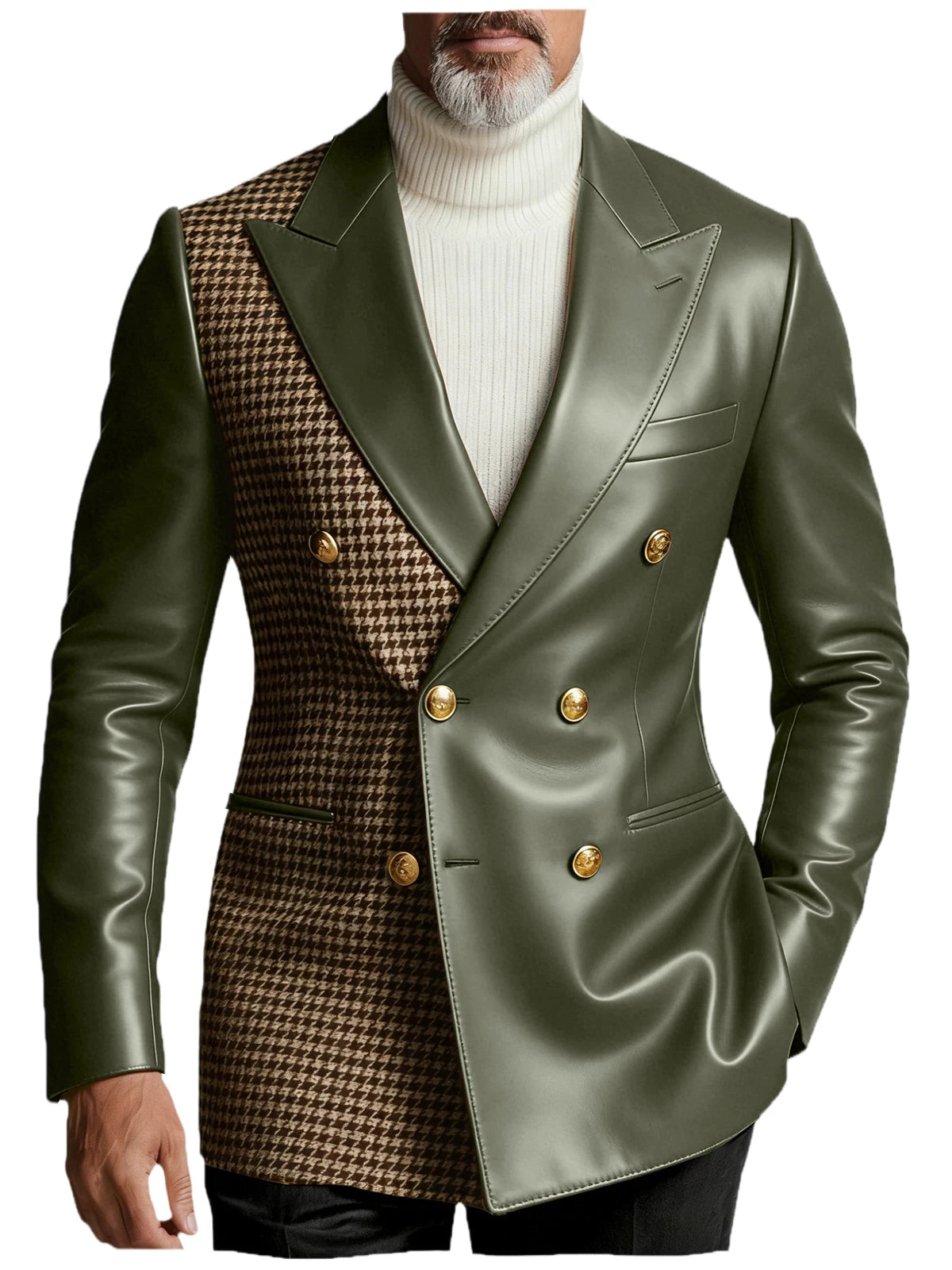 Men's Houndstooth Faux Leather Patchwork Blazer Jacket Double Breasted Peak Lapel Gold Button Slim Fit Suit For Business Casual