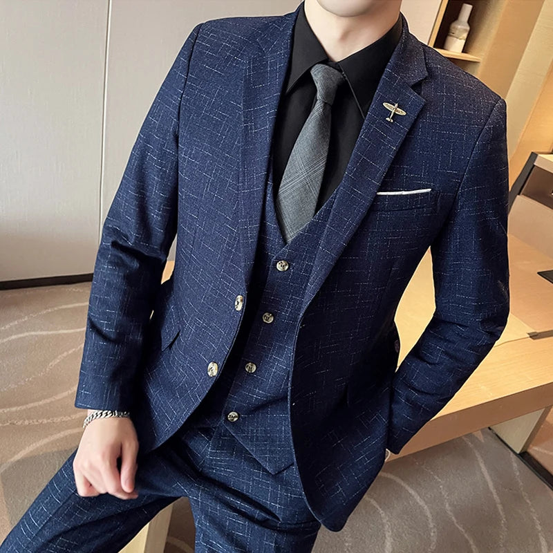 Jacket Vest Pants High End Brand Casual Business Formal Office Plaid Men's Suit Groom Wedding Dress Party Suit  Blazer Trousers