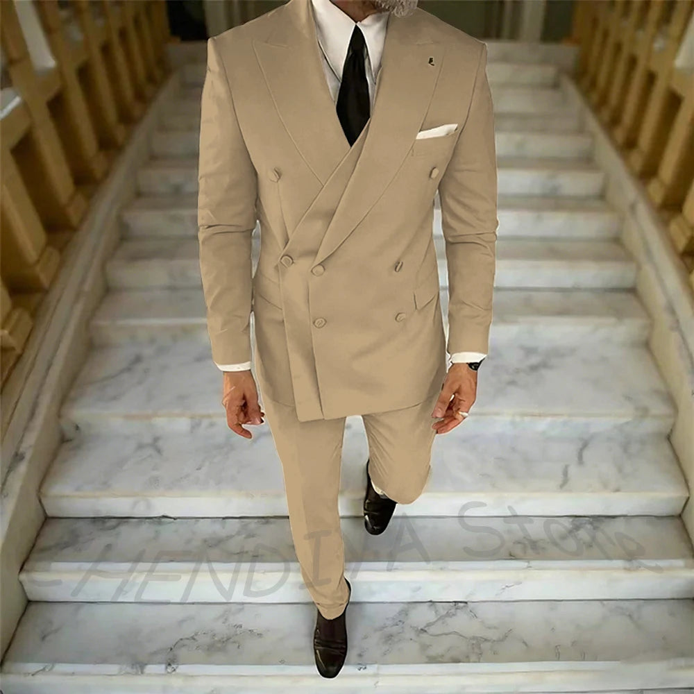 High Quality Peaked Lapel Suit For Men Double Breasted Gentleman Wedding Groom Tuxedo Custom Man Fashion Clothes Set Two Pieces