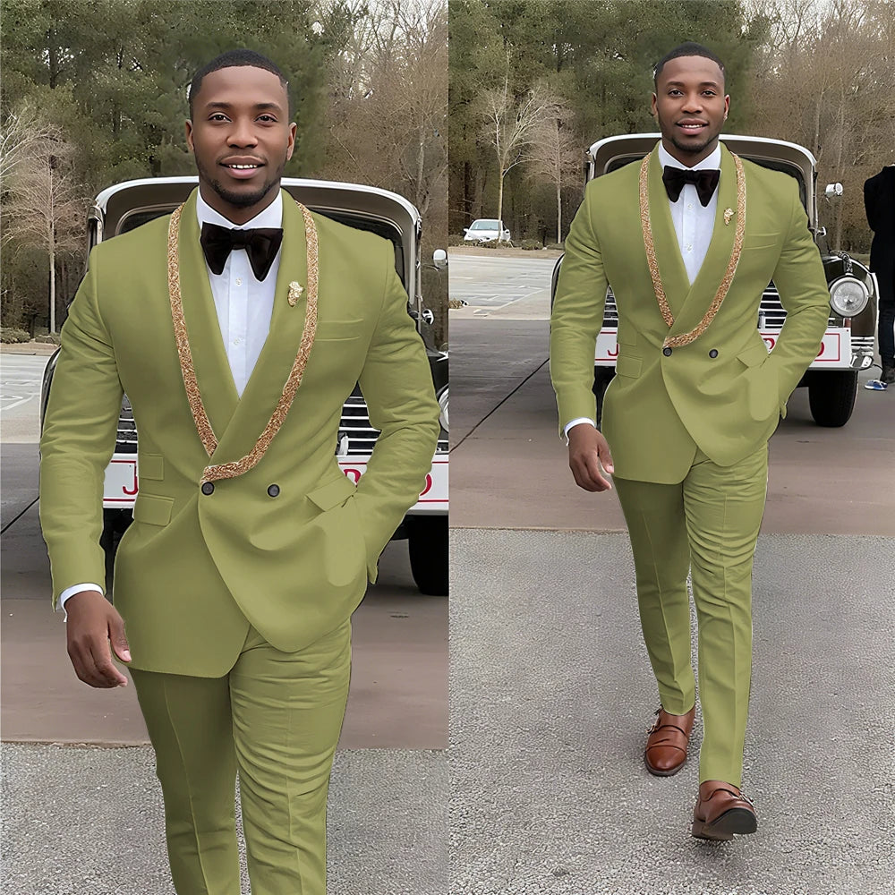 Handsome Men's Suits Double Button Shawl Lapel Solid Color Outfit Man Set 2 Piece Casual Daily Office Prom Male Clothing