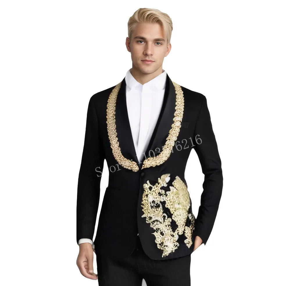 Luxury 2 Pieces Blazer Vest Men Suits One Button Satin Wide Lapel Formal Gold Appliques Beads Wedding Groom