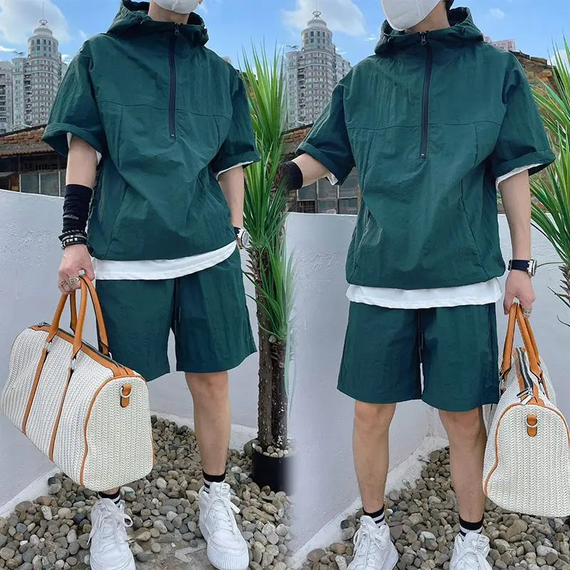 2025 New Summer Fashion High Quality Outdoor Sportswear Set Hoodie Loose Casual Short Sleeve T-shirt Shorts Work Clothes Men