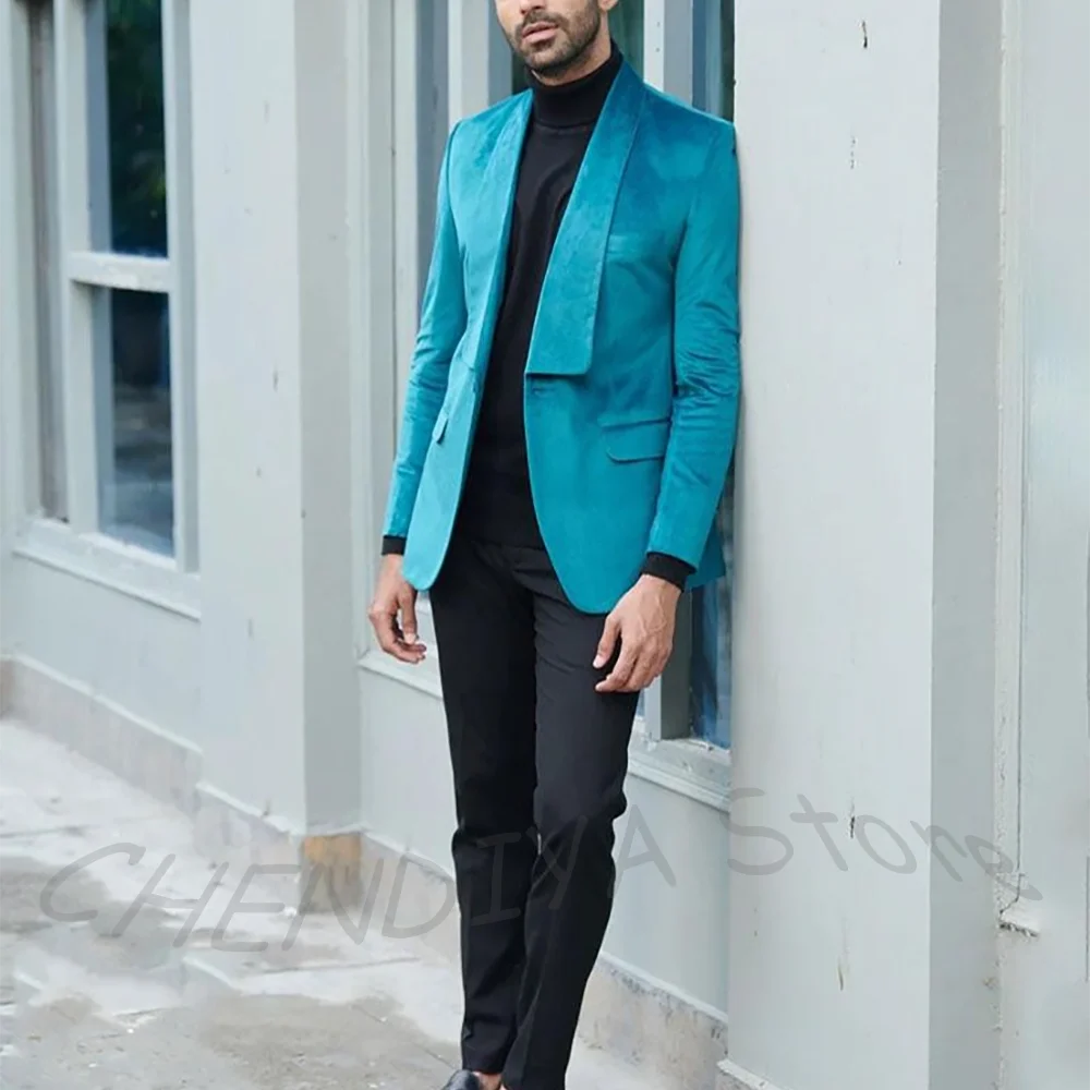 Chic Shawl Lapel Men Suit 2 Piece Luxury Velvet Jacket Single Button Slim Fit Outfit High Street Daily Casual Blazer Set