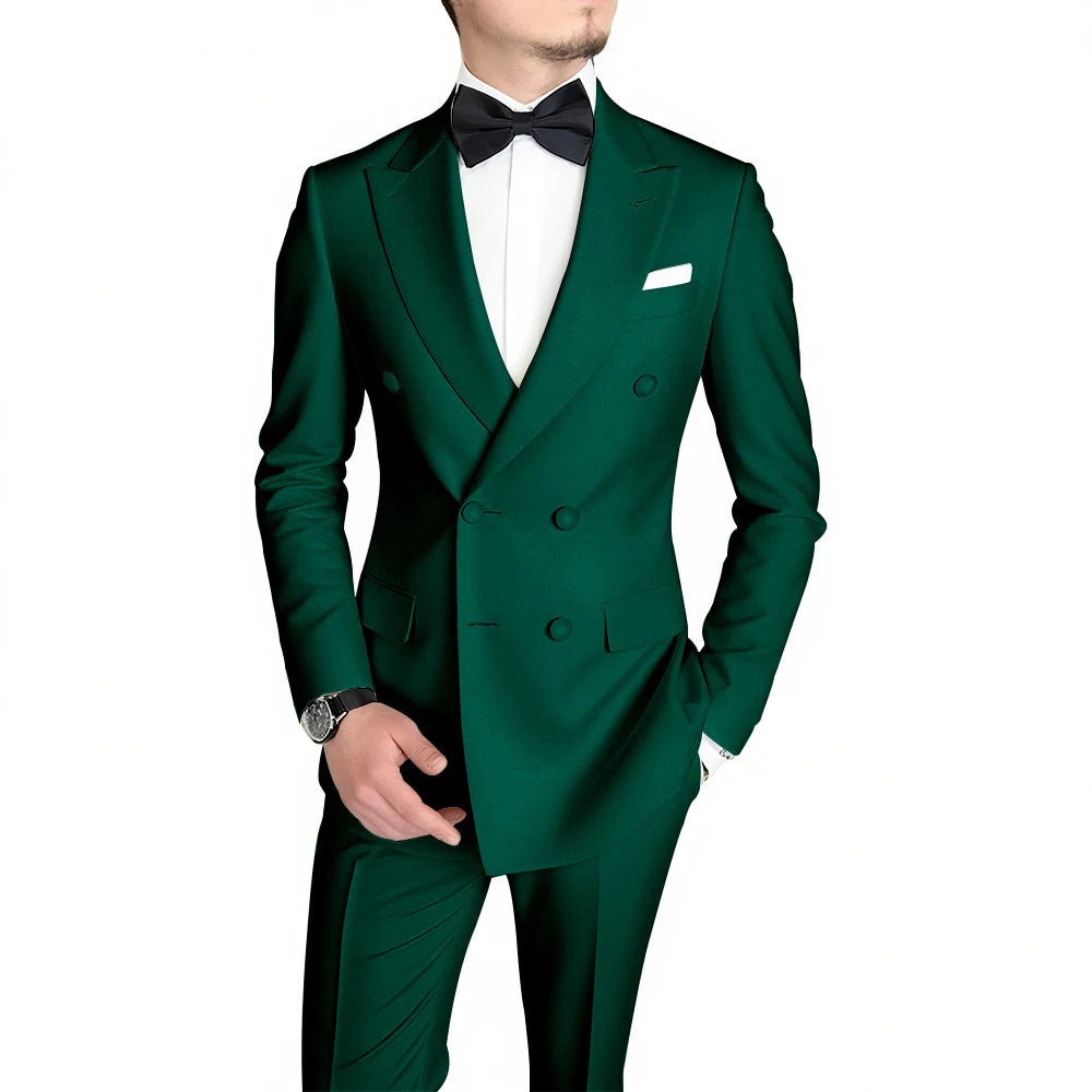 Classic Black Men's Suit Fashion Peak Lapel Double Breasted Outfits Wedding Groom Prom Business Formal Suit (Jacket+Pants)