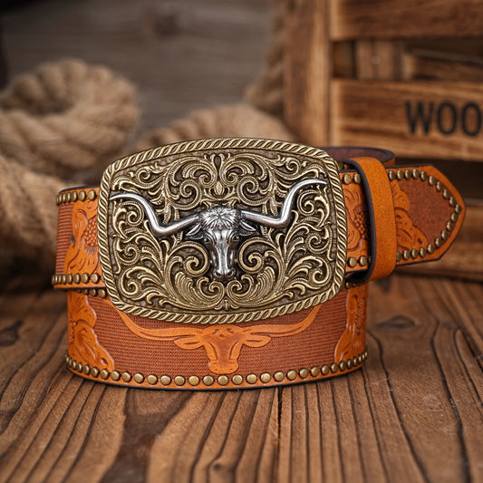 Men Women-Western-Cowboy-PU Leather-Belts - Vintage Belt Floral Engraved Buckle Belt for Jeans