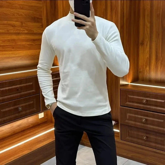 Autumn Winter Fashion Half High Collar Solid Long Sleeve Pullover Men's Clothing Casual Threaded Bottom Swing Korean Knittin Top