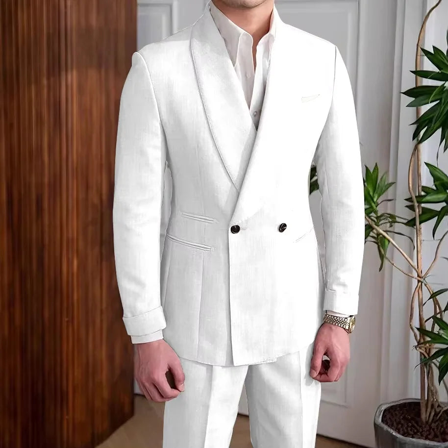 Men's Linen Suit 2-Piece Khaki Shawl Collar Double-Breasted Slim Fit Breathable Jacket and Pants Formal Set for Summer Business