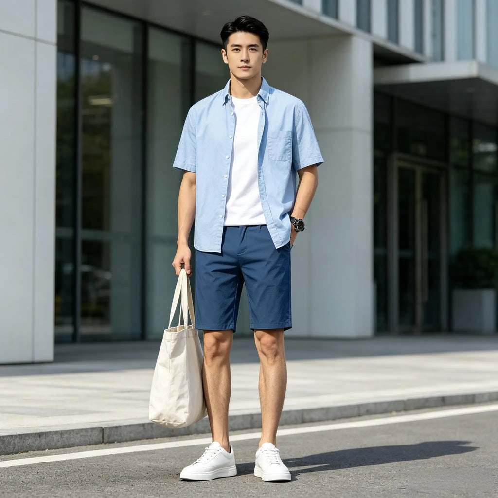 Men Cotton Solid Knee Length Bermuda Shorts Straight Chino Shorts Front Back Pockets Breathable Summer Beach Daily Casual Shorts