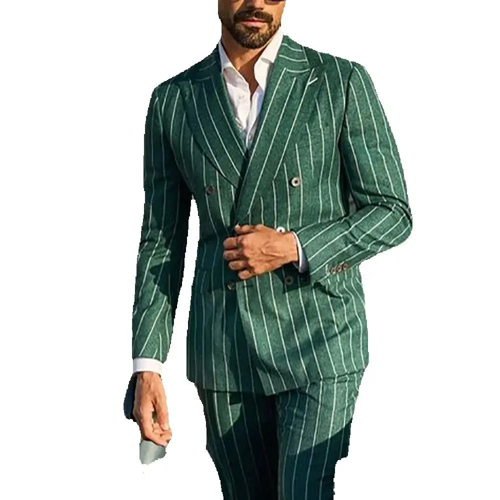 Fashion Green Striped Suit For Men Peaked Lapel High Quality Male Clothing Double Breasted Smart Casual Formal Set Two Pieces