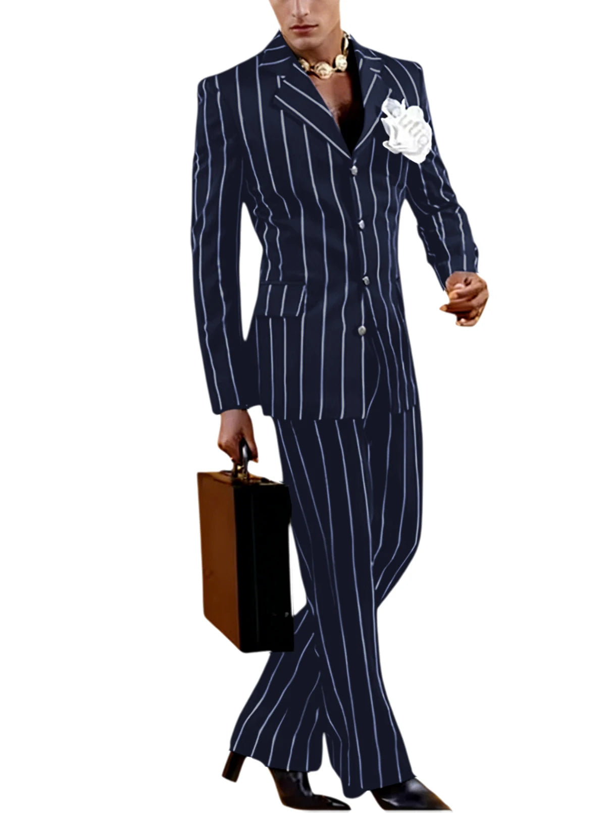 Men's Vintage Pinstripe 2 Piece Suit Set Double Breasted Peak Lapel Slim Fit Blazer Flared Pants Tuxedo For Wedding Prom