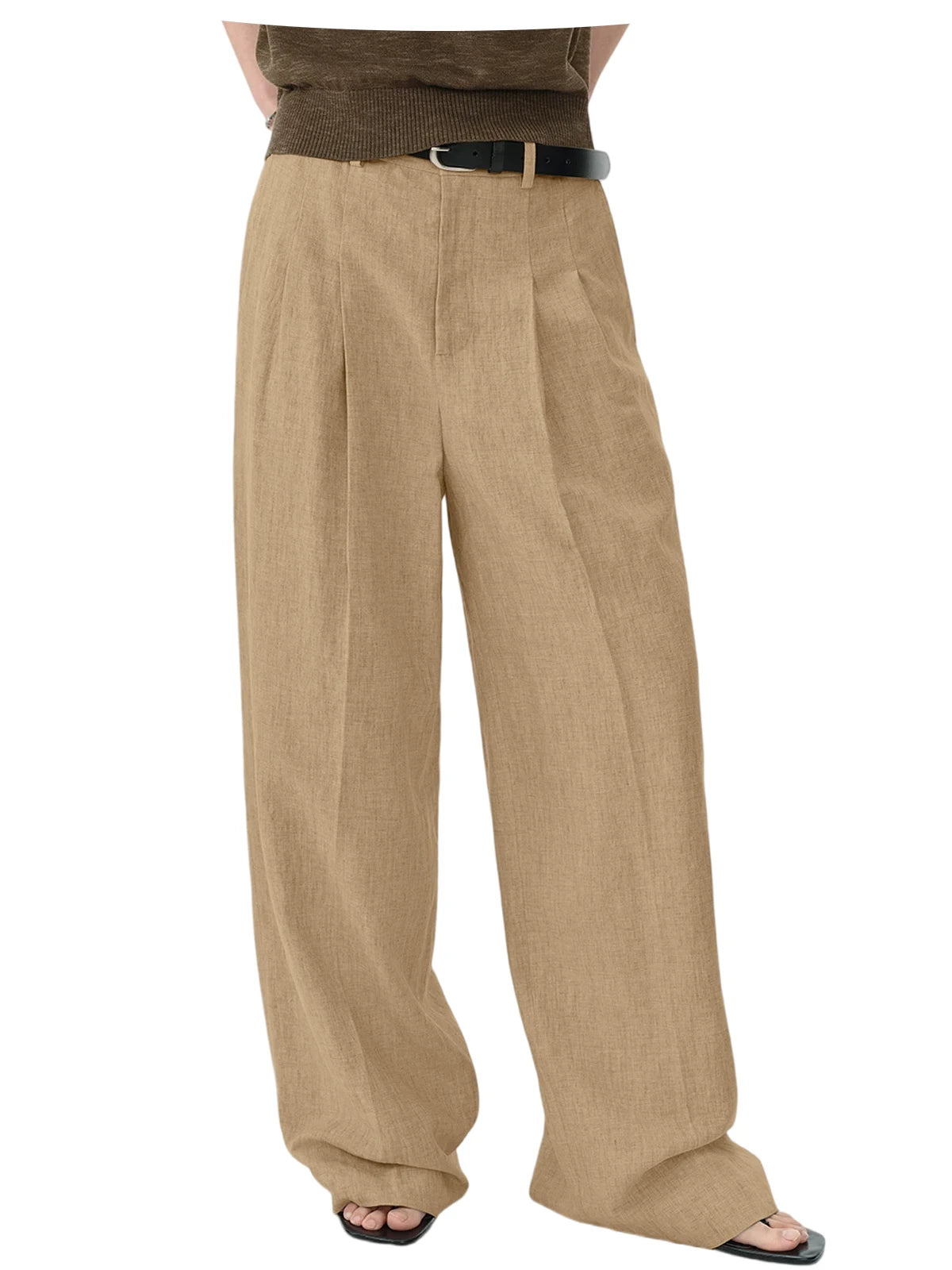 Men Linen Wide Leg Pants High Waist Pleated Casual Trousers Breathable Loose Straight Suit Pants Streetwear
