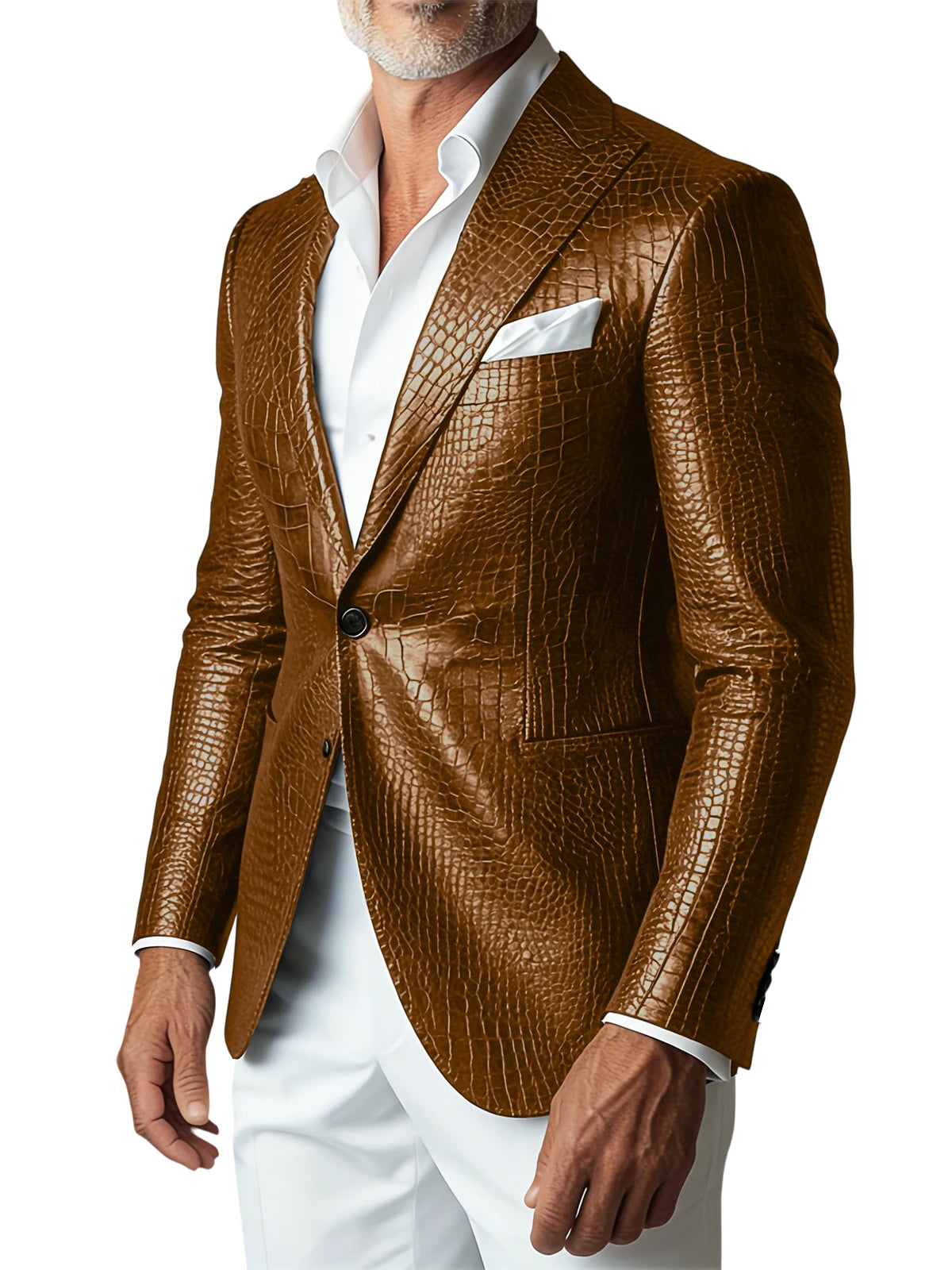 Men Elegant Brown Crocodile PU Leather Blazer Shawl Lapel Long Sleeve Pocket With Belt Business Casual Male Fashion Suit Jacket