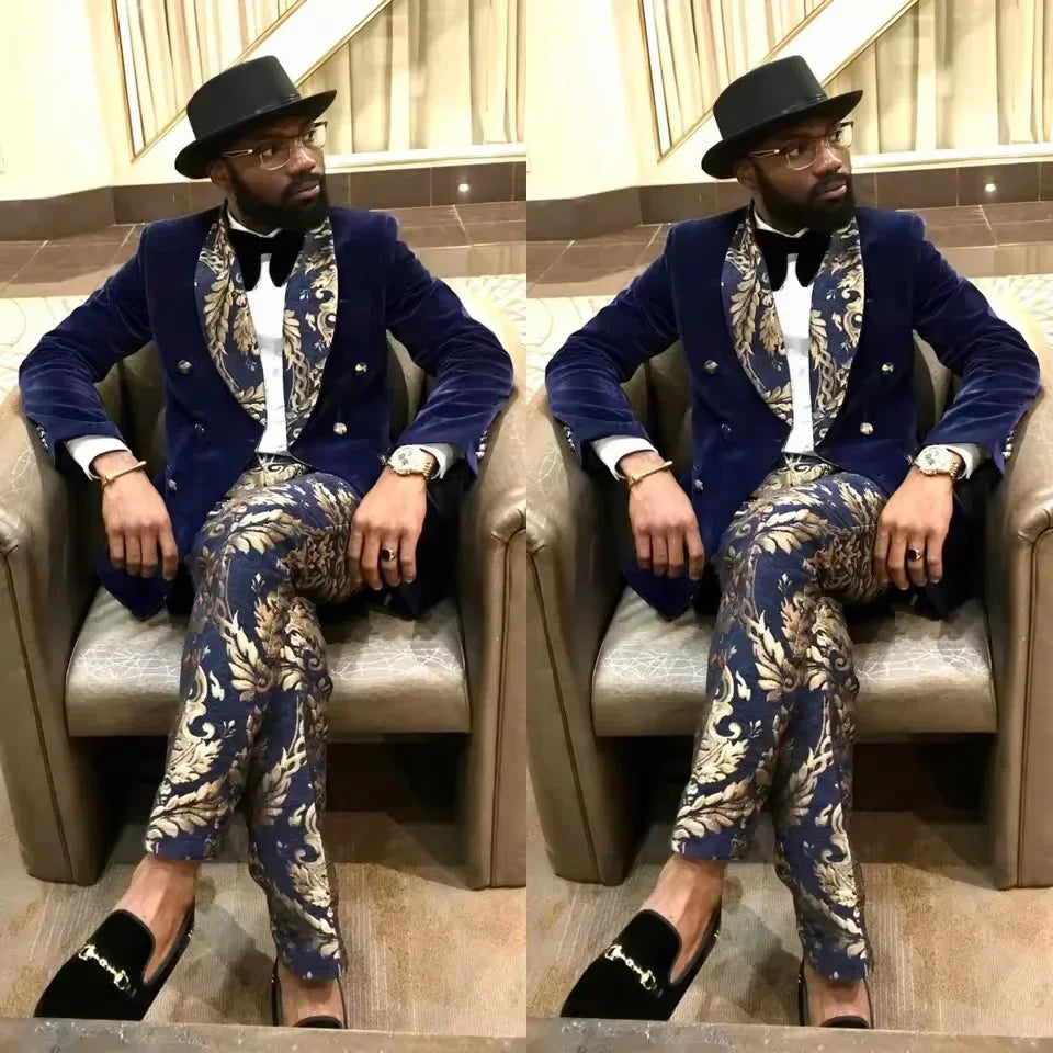 Double Breasted Suits for Men Wedding Navy Blue Floral Groom Tuxedo Velvet Blazer with Pants Formal Shawl Lapel Party Wear