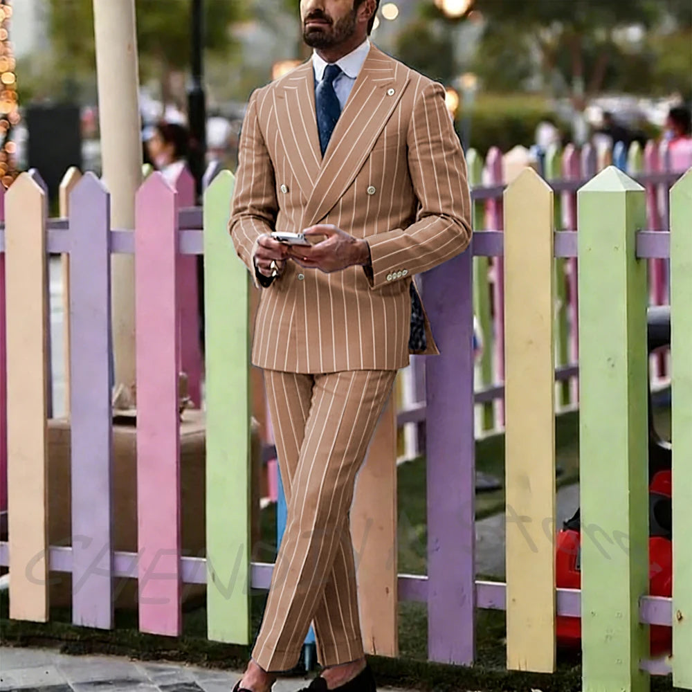 Light Purple Striped Men Suit England Style Peaked Lapel Double Breasted Classic Male Clothing Wedding Groom Tuxedo Custom Set