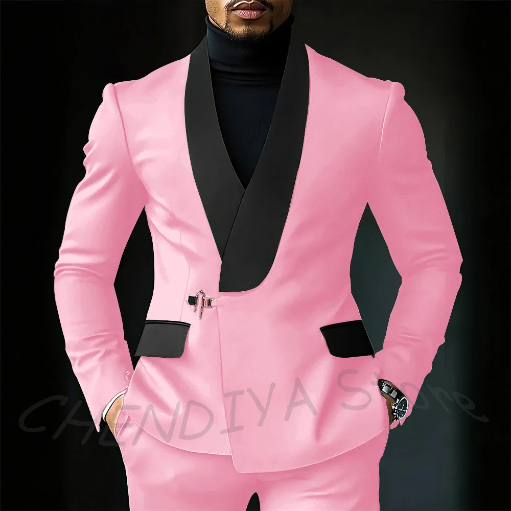 Contrast Color Men's Suit Set 2 Piece Elegant Shawl Lapel Slim Fit Formal Outfit Business Casual Jacket Pants Customized