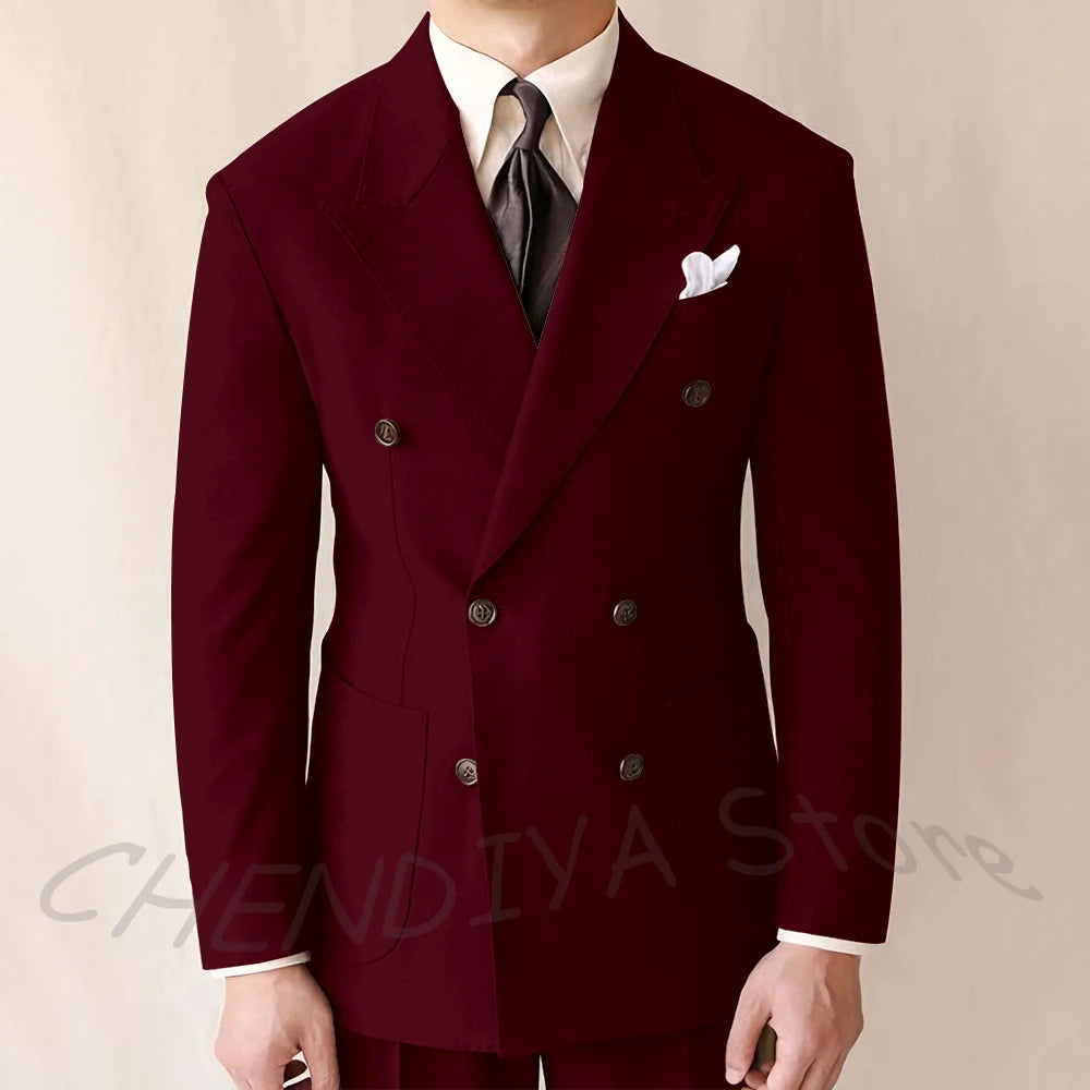 British Style Men Suits Casual Business Double Breasted Suit Jacket Wedding Groom Business Social Banquet Tuxedo Costume