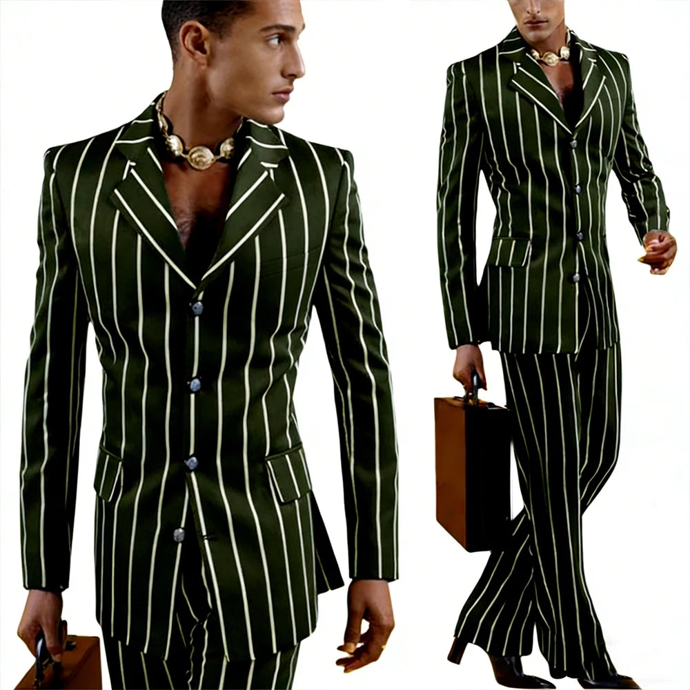 Men's Vintage Pinstripe 2 Piece Suit Set Double Breasted Peak Lapel Slim Fit Blazer Flared Pants Tuxedo For Wedding Prom