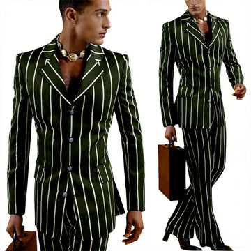 Men's Vintage Pinstripe 2 Piece Suit Set Double Breasted Peak Lapel Slim Fit Blazer Flared Pants Tuxedo For Wedding Prom