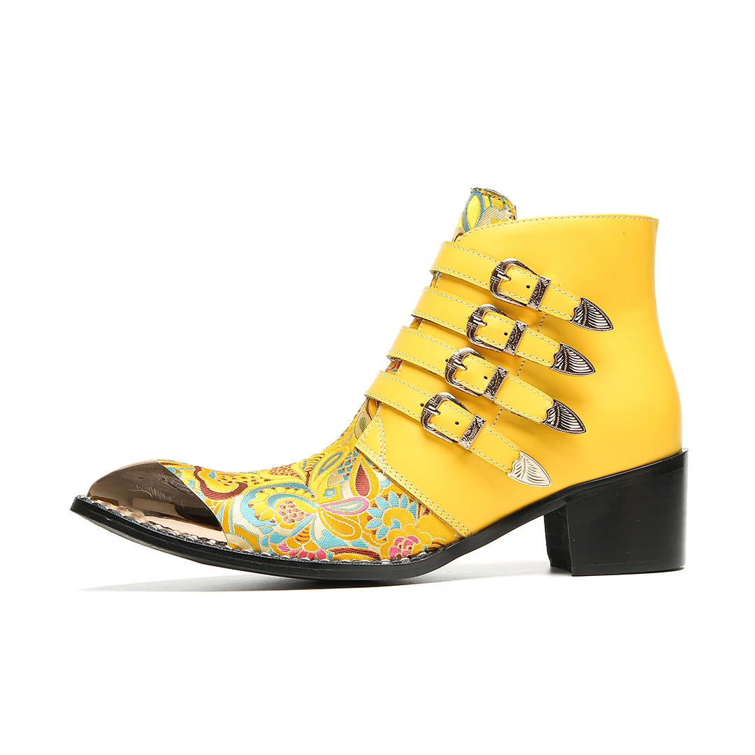 New Men's Yellow Boots with Metal Square Toe Four Rows of Buttons High Heels Embroidered Leather Side Zipper, Party Men's Shoes