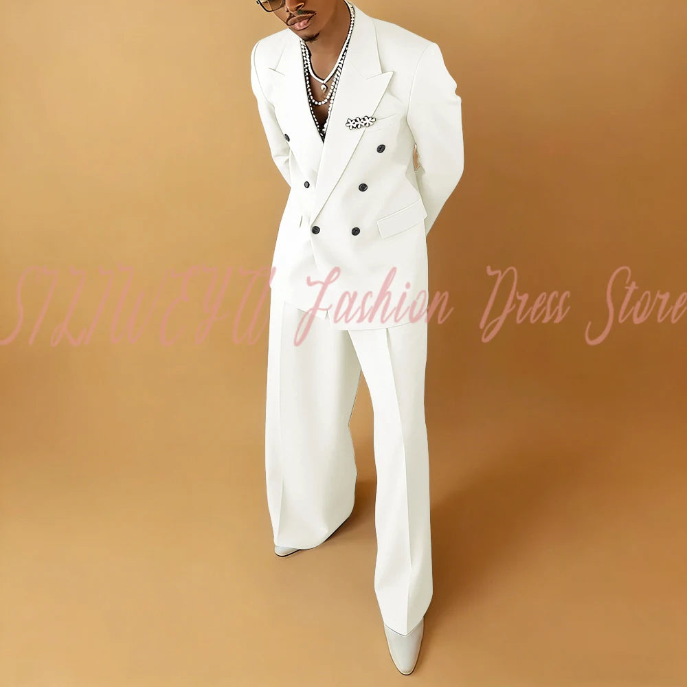 Double Breasted Men Solid Color Suit 2 Pieces Jacket Pants Business Casual Social Party Male Clothing Best Man Costumes Hommes