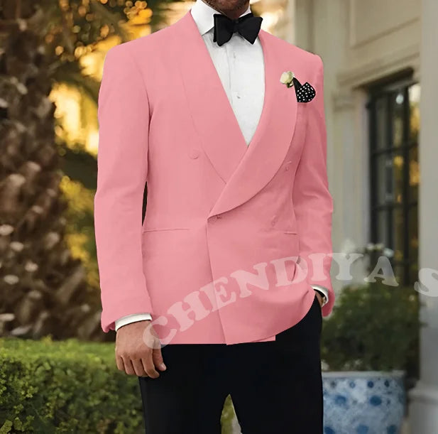 Double Breasted Men Suits Wedding Suit Groom Elegant Shawl Lapel 2 piece Slim Fit Man Set Jacket With Black Pants Formal Blazer