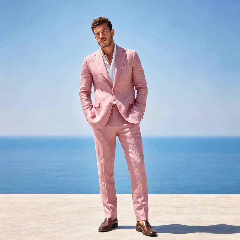 Linen Men Suits for Summer Beach Wedding 2 Pieces Separates Jacket Pants Casual Outfit for Party Groom Guest Suits for Men 2026