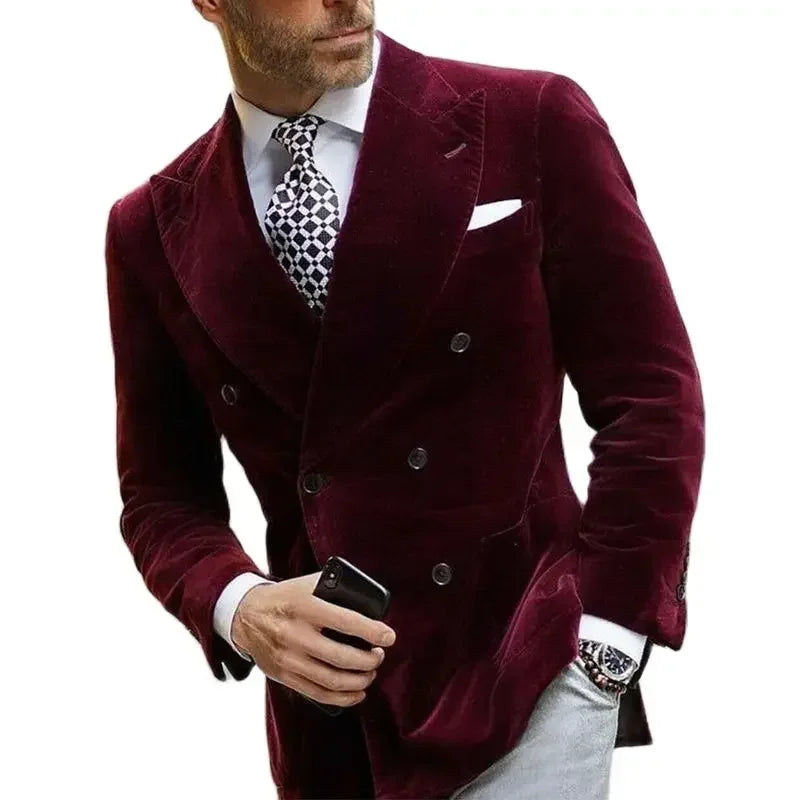 Burgundy Velvet Blazer For Men With Double Breasted Dinner Jacket Elegant Smoking Suit Coat 2025