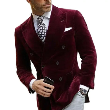 Burgundy Velvet Blazer For Men With Double Breasted Dinner Jacket Elegant Smoking Suit Coat 2025