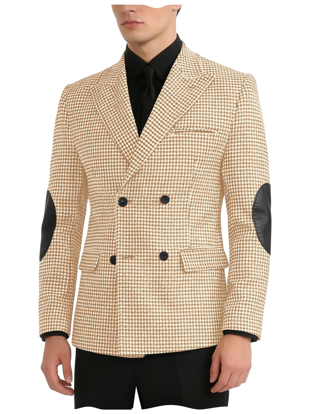 Men's Houndstooth Double Breasted Blazer with Leather Elbow Patches Peak Lapel Sport Coat Formal Business Wedding Suit Jacket