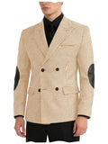 Men's Houndstooth Double Breasted Blazer with Leather Elbow Patches Peak Lapel Sport Coat Formal Business Wedding Suit Jacket