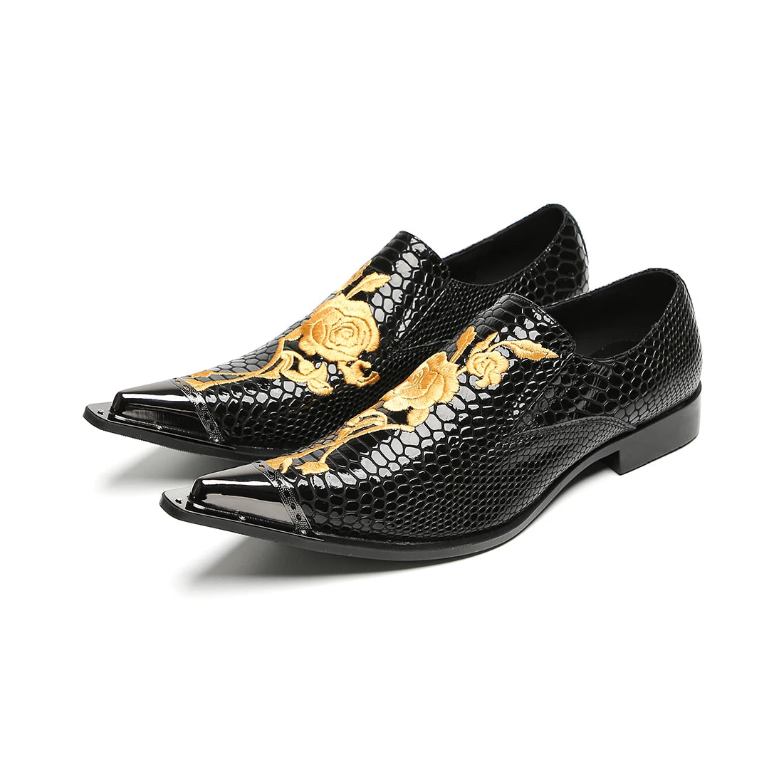 Men's black embroidered floral leather shoes with metal toe caps mid-heels genuine leather uppers and formal party shoes