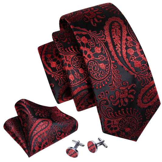 Classic Red Black Paisley Necktie for Man Business Groom Wedding Party Fashion Silk Men's Tie with Pocket Square Cufflinks Set