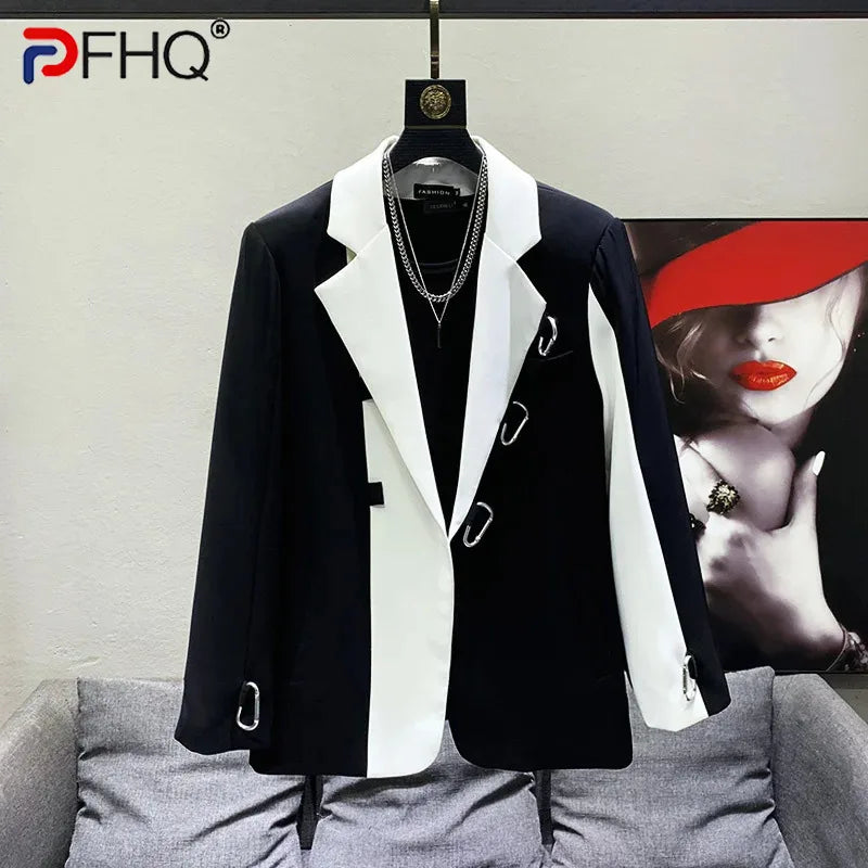 PFHQ Metal Button Design Suit Jacket Men's Korean Stylish Loose Contrast Color Patchwork Personality Coat Blazer Trendy 2024 New