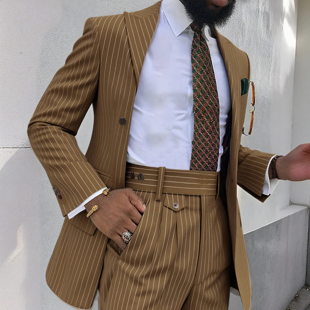 Brown Stripe Men Suits 2 Piece Chic Double Breasted Business Casual Outfits Fashion Peak Lapel Wedding Tuxedo (Jacket+Pants)