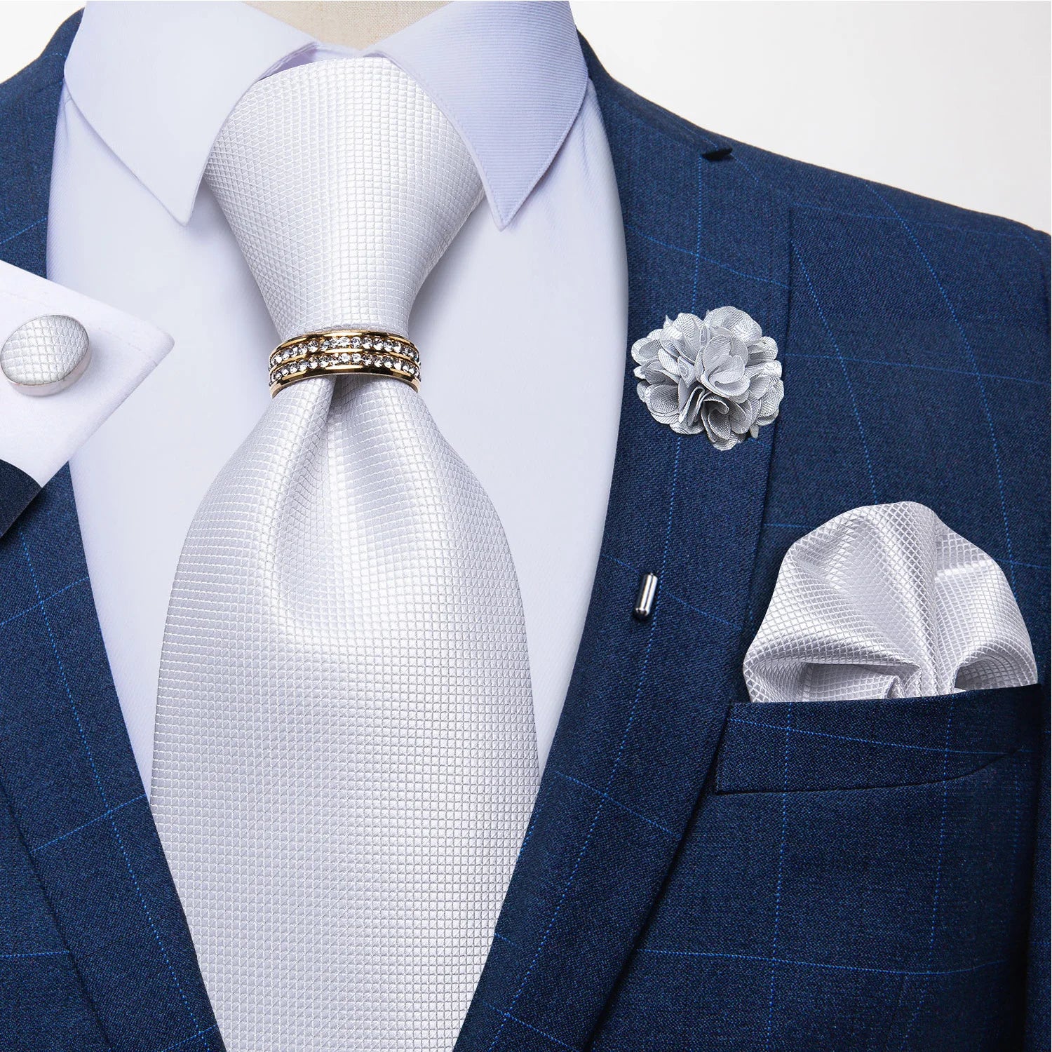 8cm Men Silk Tie White Solid Necktie Men's Formal Wedding Party Ties Cufflinks Hanky Flower Brooch Set Men Gift Corbatas DiBanGu
