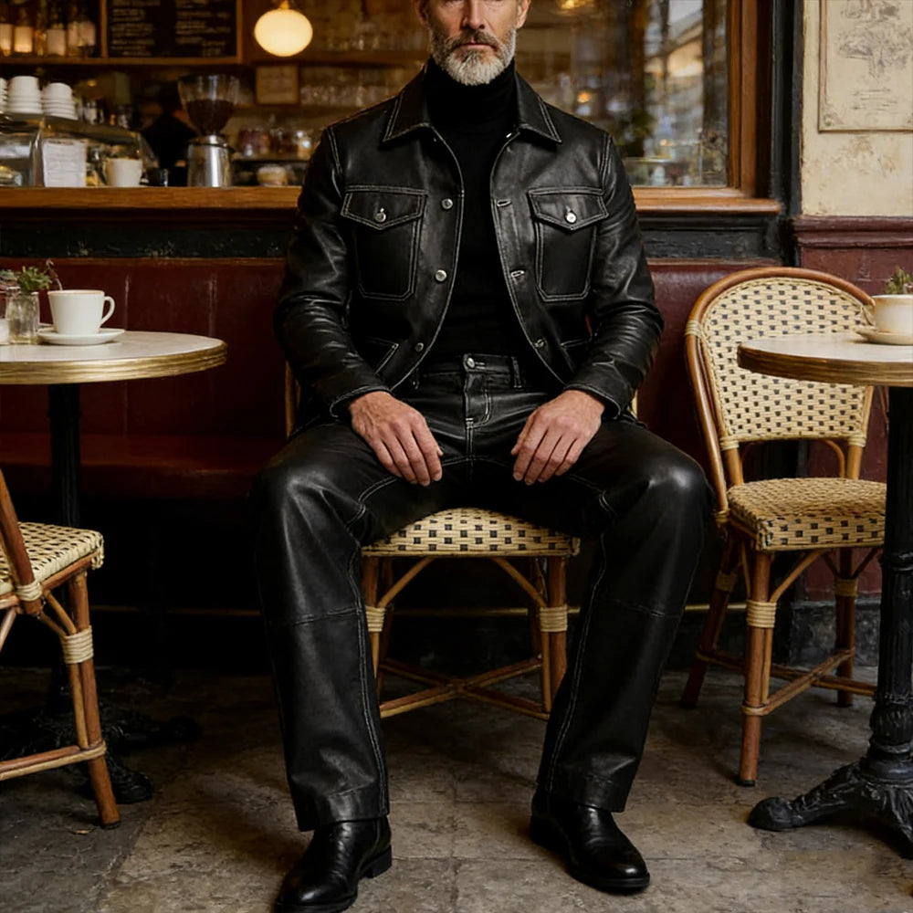 Men's 2 Piece PU Leather Suit Set Multi Pocket Shirt Collar Trucker Jacket Straight Leg Pants Business Casual Streetwear Outfits