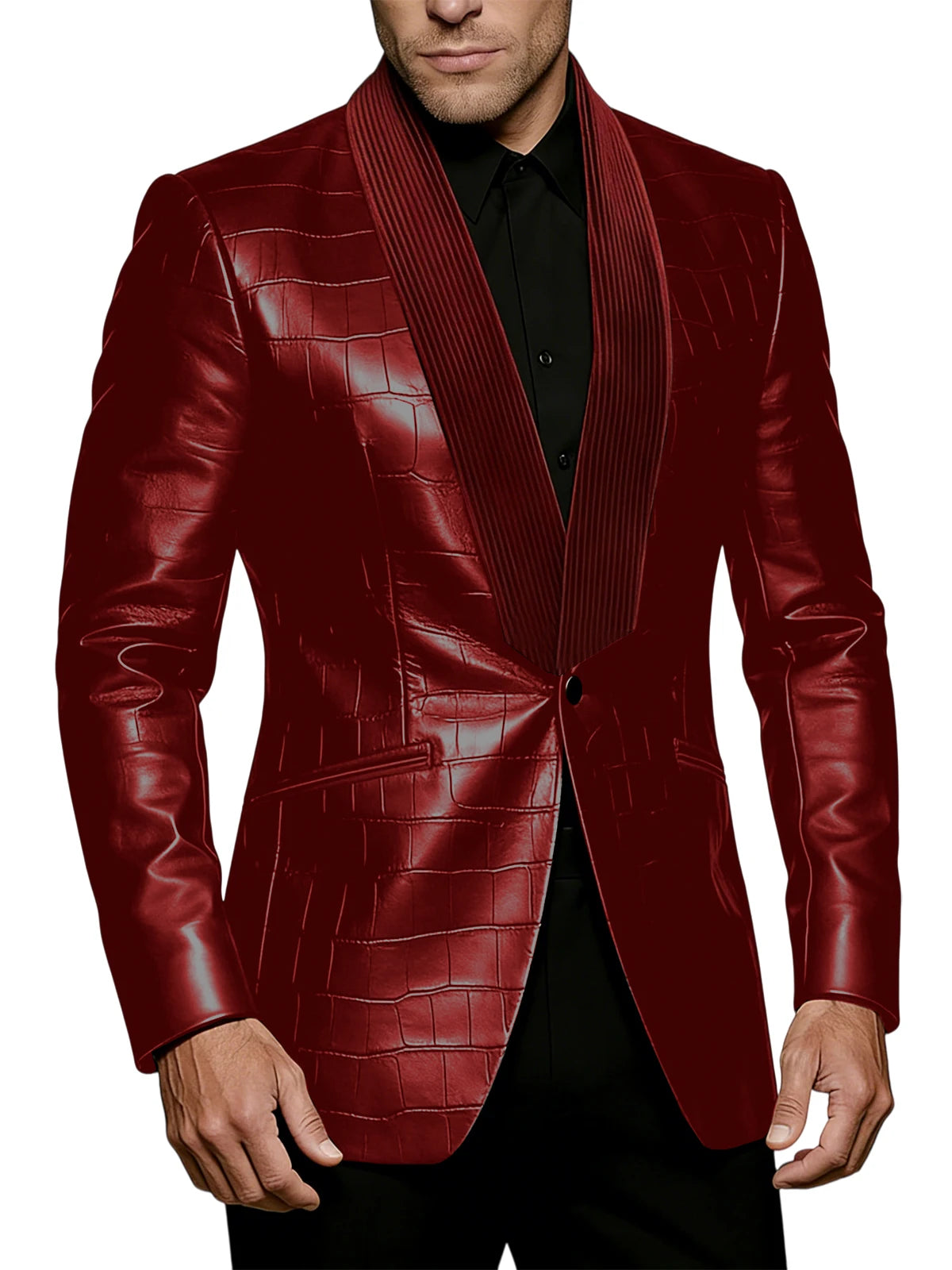 Men's Crocodile Pattern Leather Blazer Corduroy Patchwork 1 Button Shawl Collar Suit Jacket Slim Fit Business Formal Outerwear