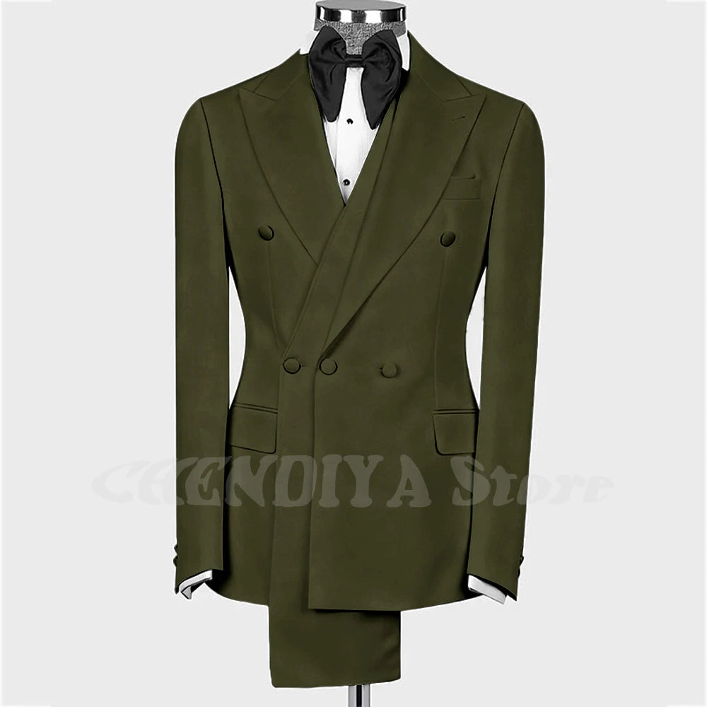High Quality Man Suit Two Piece Peaked Lapel Slim Fit Jacket with Black Pants Formal Outfit Business Party Groom Wedding Set