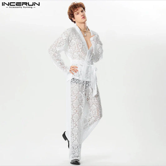 INCERUN 2024 American Style Men's Sexy Sets Long Sleeved Cardigan Long Pants Stylish Male Lace Strap Design Suit 2 Pieces S-5XL