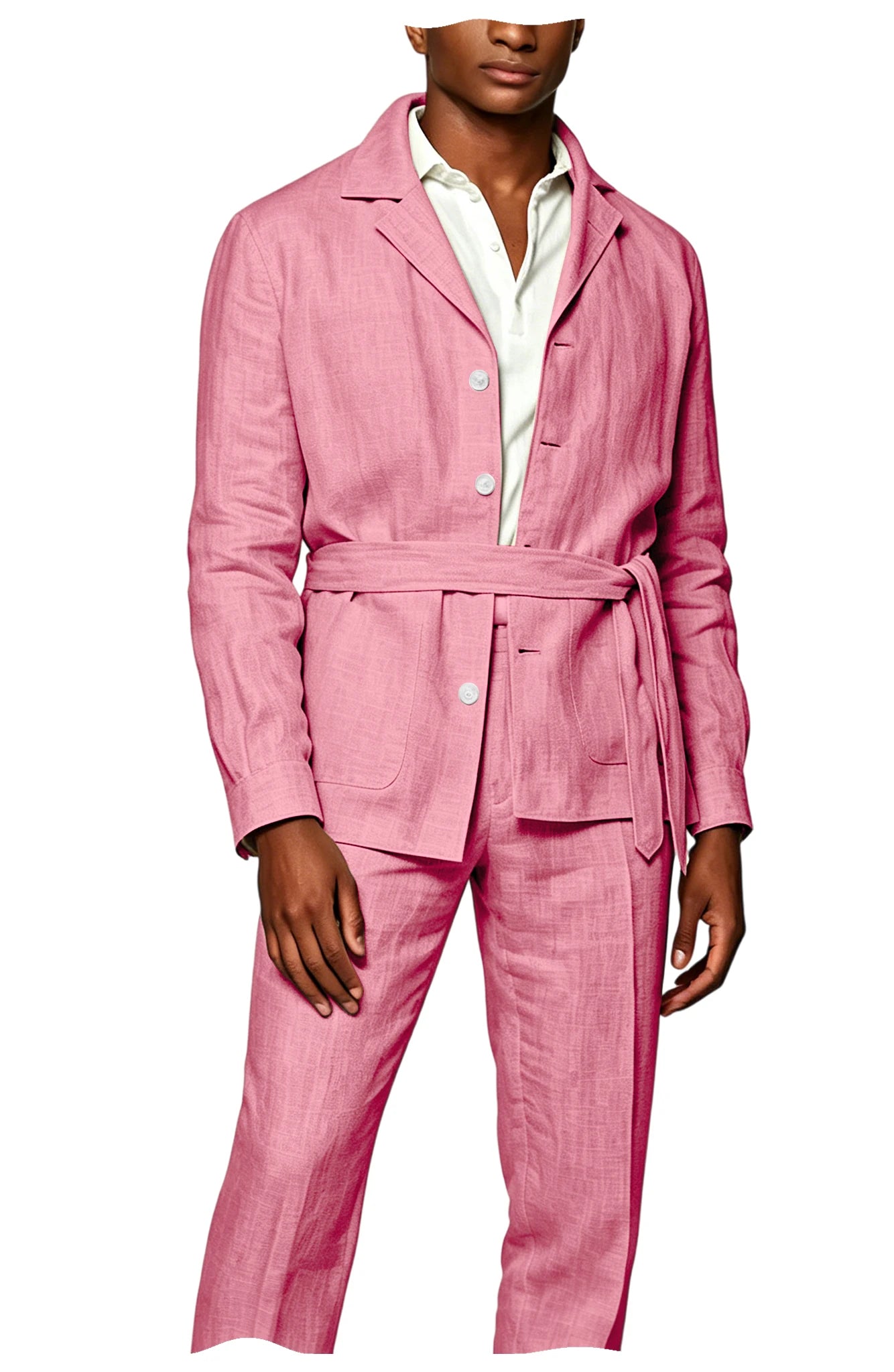 Men's Linen Belted Suit 2 Piece Set Casual Breathable Blazer & Pants Summer Lightweight Business Casual Outfit for Wedding Beach
