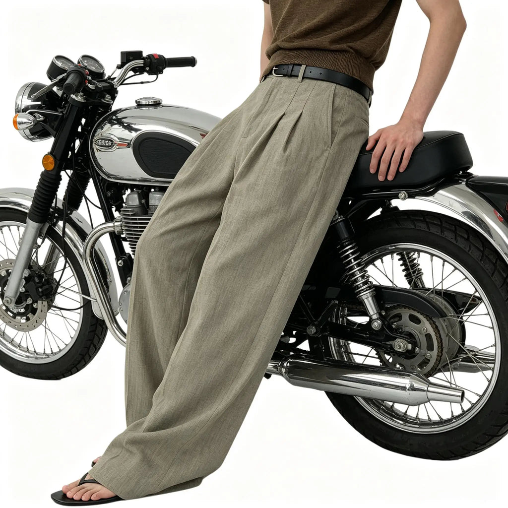 Men Linen Wide Leg Pants High Waist Pleated Casual Trousers Breathable Loose Straight Suit Pants Streetwear