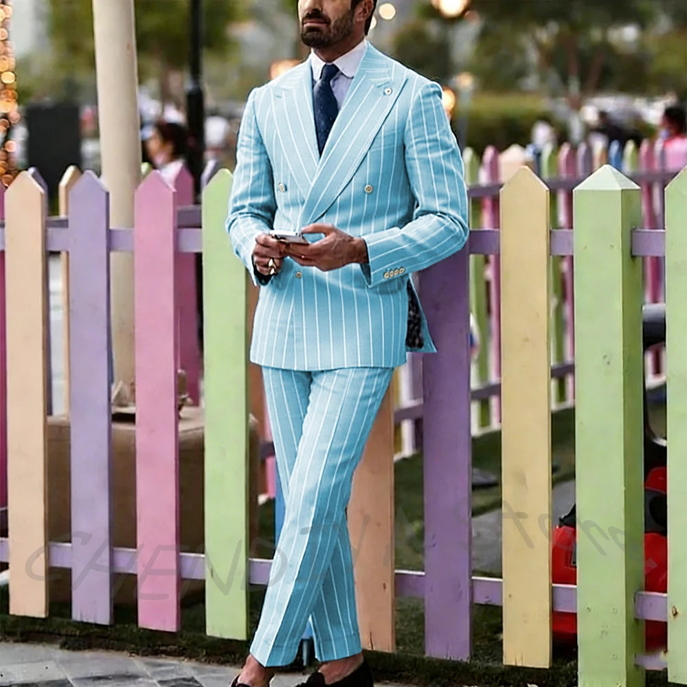 Light Purple Striped Men Suit England Style Peaked Lapel Double Breasted Classic Male Clothing Wedding Groom Tuxedo Custom Set